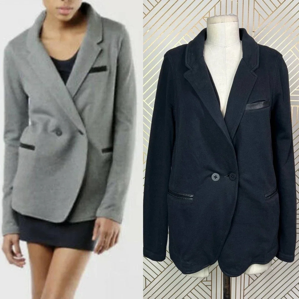T by Alexander Wang Black Leather Accent Trim Knit Blazer Size Small **Flawed